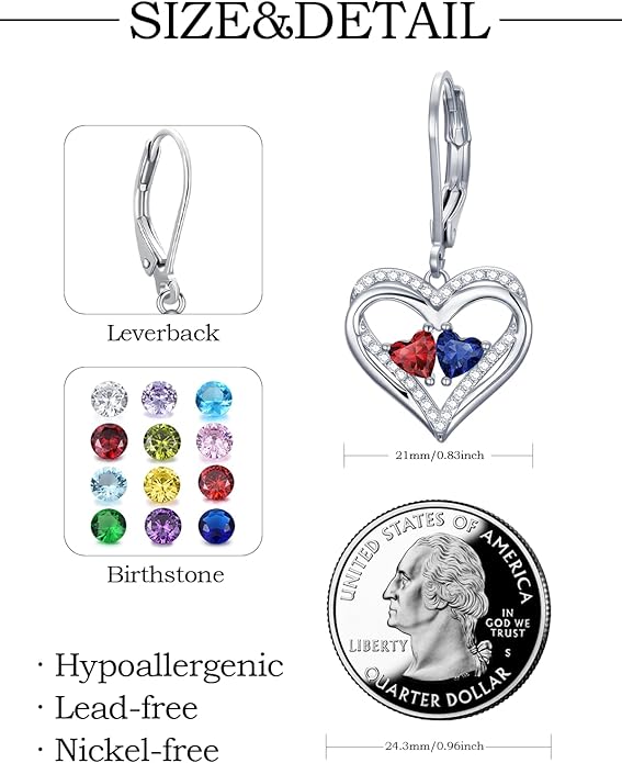 Valentines Day Gifts for Women, Heart Leverback Earrings Double Birthstone Dangle Earrings for Women, Love Jewelry for Her, Anniversary Birthday Gift for Mom Wife Girlfriend