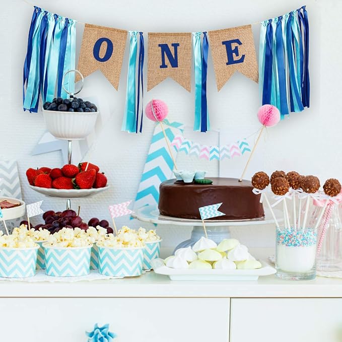 1st Birthday Boy Decorations with Burlap Highchair Banner, Cake Topper, Blue Hat Crown for Happy First Birthday Party Decoration Supplies