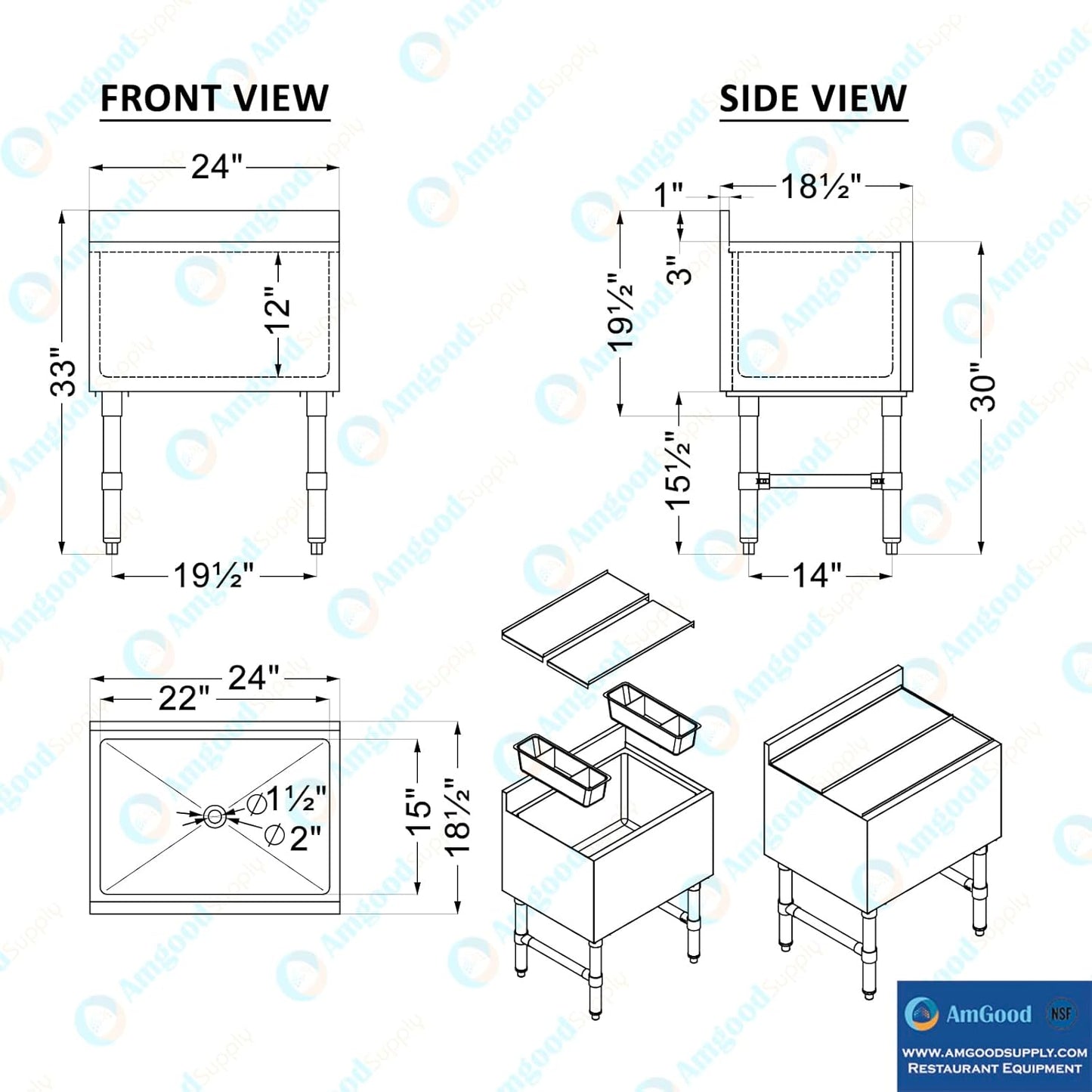 AmGood 18.5" x 24" x 33" Stainless Steel Ice Chest with Sliding Lid | Large Ice Bin | NSF