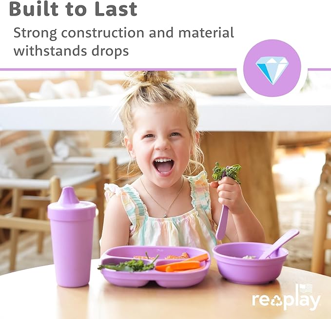 Re-Play Toddler Plates with Dividers - Deep-Walled 3 Compartments Divided Plates for Kids with 3 Lids - Dishwasher & Microwave Safe - Made in USA - Set of 3-7.37" x 7.37" x 1.25" - Mermaid