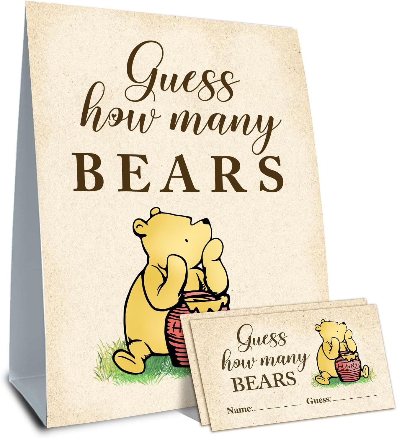 Baby Shower Decorations - Guess How Many Bears Game - Winnie the Pooh Theme - 5 x 7 x 0.2 inches - Paper Tabletop Sign