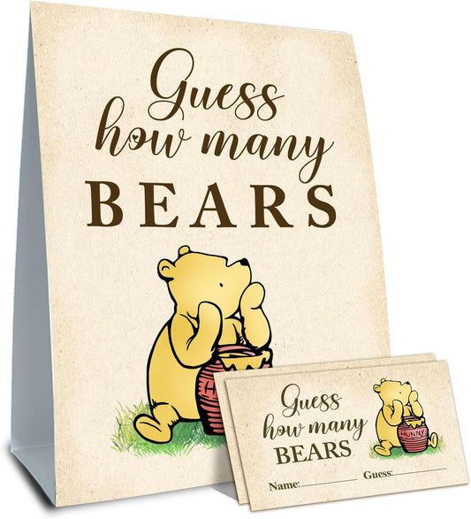 Baby Shower Decorations - Guess How Many Bears Game - Winnie the Pooh Theme - 5 x 7 x 0.2 inches - Paper Tabletop Sign