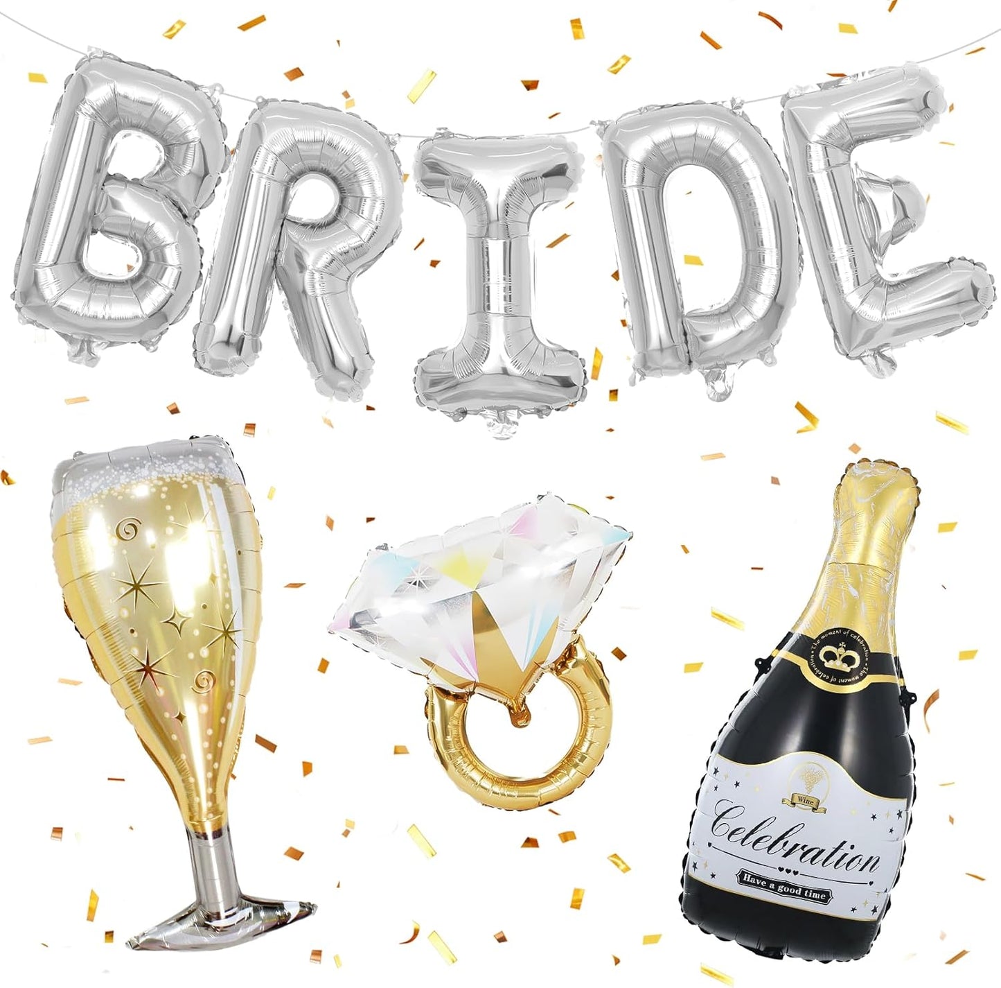 40inch Bride Balloons Silver Letters Banner, Bachelorette Party Decorations Set with Diamond Ring Champagne Bottle Balloon Glass Foil Balloon for Silver Bachelorette Engagement Wedding Bridal Shower