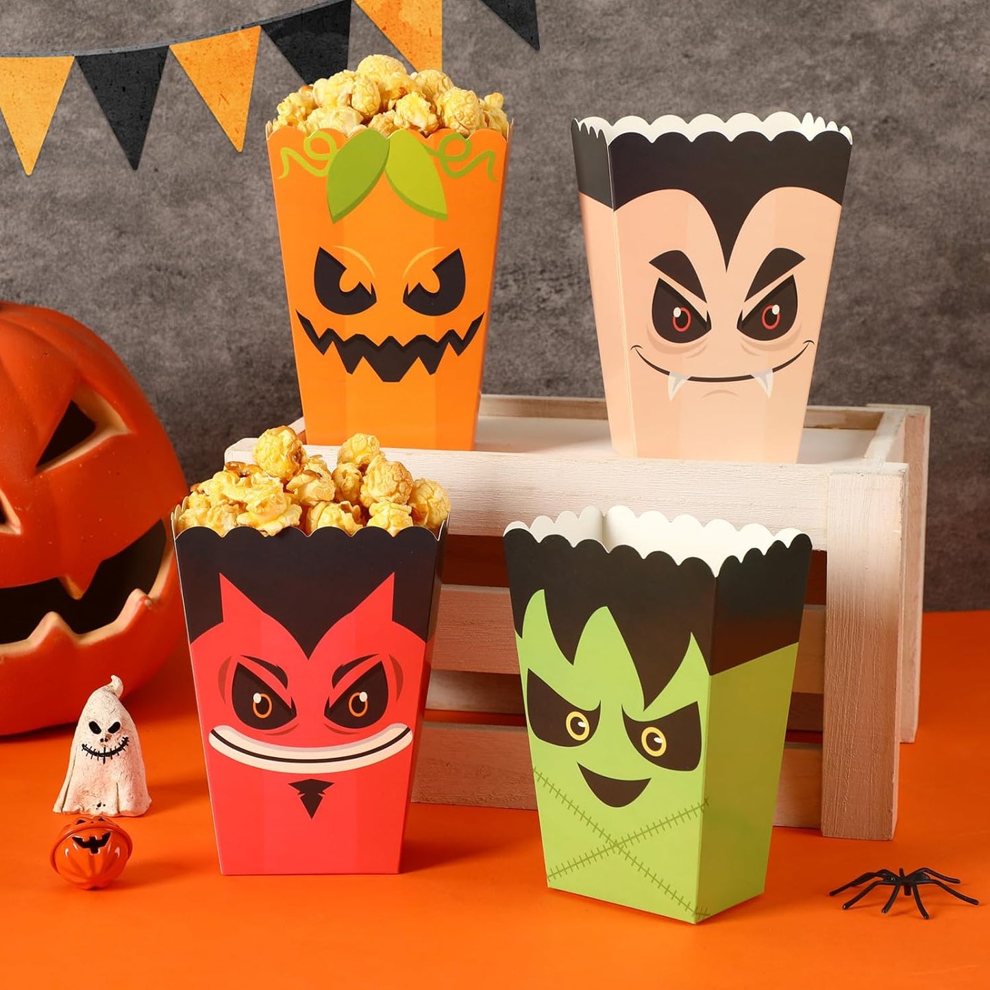DECYOOL 24 Pcs Halloween Popcorn Boxes, 4 Designs Mini Halloween Popcorn Bags for Snacks Candy Cookies Party Favors