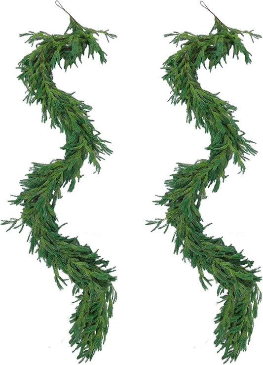 Hananona 9 Ft 2 Pcs Artificial Norfolk Pine Garlands, Realistic Pine Garland, Green Artificial Greenery Garland for Table, Mantle, Wall, Indoor, Outdoor Winter Christmas Decorations (2, 9 FT)
