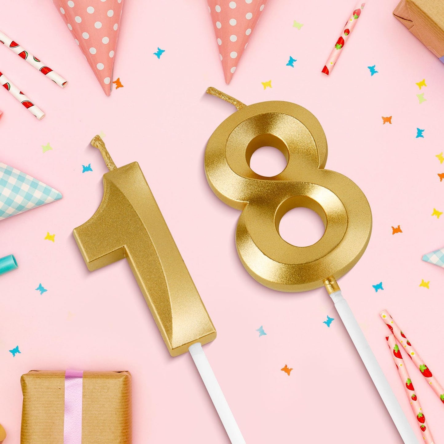 Birthday Candles, 1.96 Inch Number 18 Happy Birthday Candles, Number Candles Decoration for Birthday Party and Anniversary Celebration(Champagne Gold)