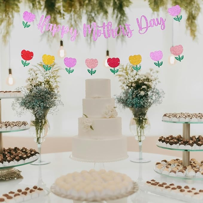 Happy Mother's Day Banner Set Decoration for Mother's Day Party Decorations Backdrop Garland for Mom Mother's Day Glitter Garland Photo Props (Pink Tulip)