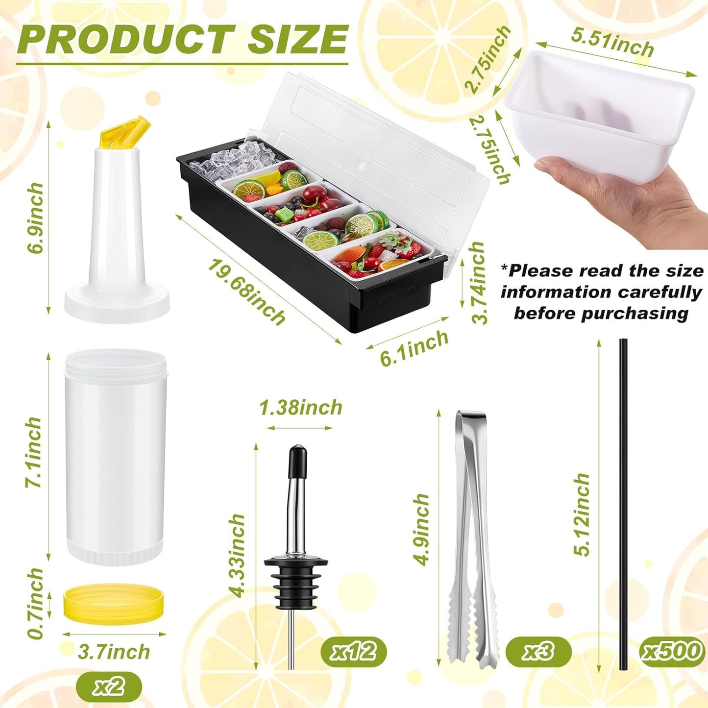 Mifoci Garnish Tray with Lid Bar Caddy 3 Tier Glass Rimmer 12 Stainless Steel Bottle Pourers 2 Plastic Juice Pour Bottles 1000 Count Cocktail Straws 3 Serving Tongs(5 Compartments,Plastic)