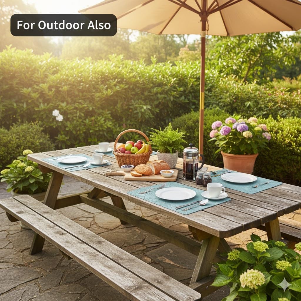 17" × 12" Faux Leather Placemats Set of 6, Ice Blue, Washable, Wipeable & Heat-Resistant Table Mats, Waterproof & Anti-Slip Dining Place Mats with Shallow Embossed Texture for Kitchen & Dining