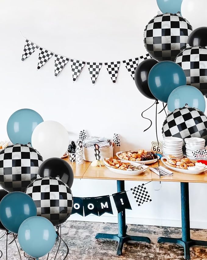 Race Car Balloon Bundle Checkered Balloons Blue Black Latex Balloon Boy One Happy 1st 2nd Vintage Two Fast Theme Fast One Race Car Birthday Party Decor Supplies 20 Pcs Kit