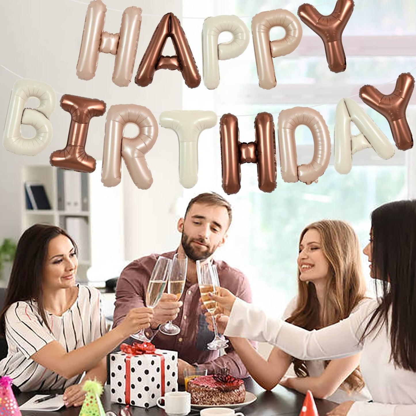 TONIFUL 16 Inch Happy Birthday Decorations Happy Birthday Balloon Banner with Star Balloons Mylar Foil Birthday Party Decorations Supplies（Light Brown Cream Chocolate ）
