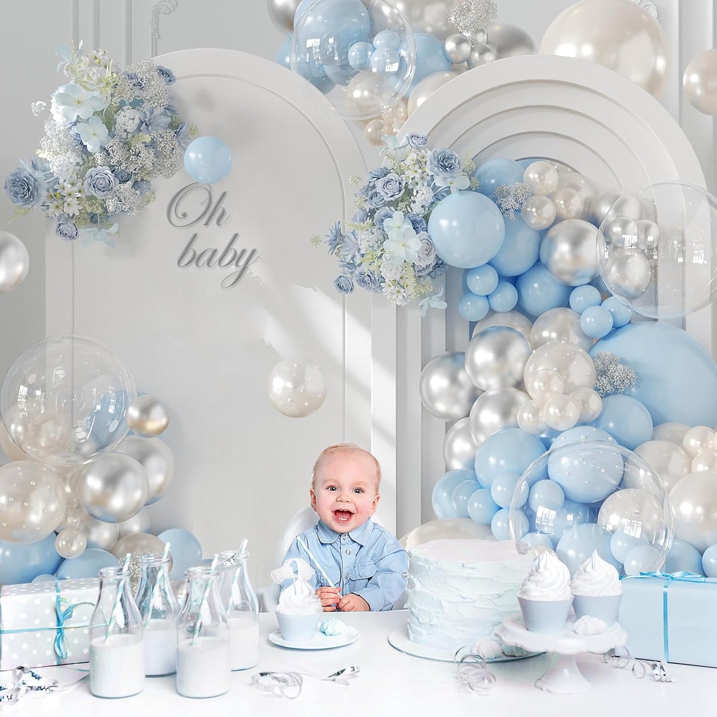 CROSSFINGERS Pearl Blue and White Balloon Garland Arch Kit, 128pcs Light Blue Silver White Balloons with Pearl Stickers for Birthday Wedding Baby Shower Bridal Shower Engagement Party Decorations
