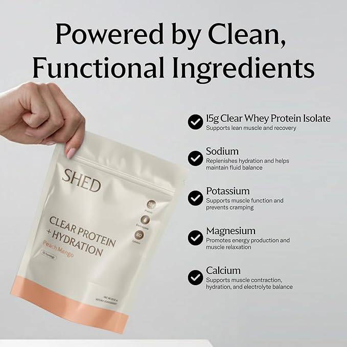 Clear Protein Powder with Electrolytes by Shed, 15g Whey Protein Isolate, Low Calorie and Lactose Free, Light and Clean Hydration Drink, Bloat-Free Post Workout Supplement, Peach Mango (15 Servings)