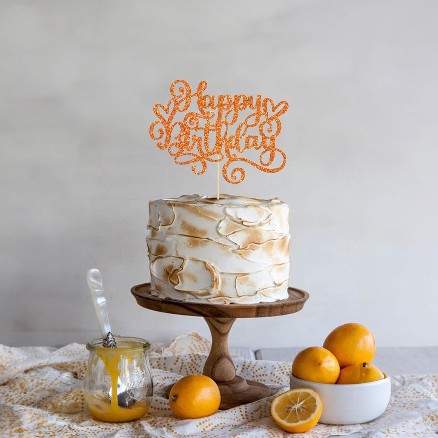 Gyufise 1Pcs Happy Birthday Cake Topper Glitter Cake Pick Bunting Decor for Anniversary Celebrating Party Cake Decorations Supplies Orange
