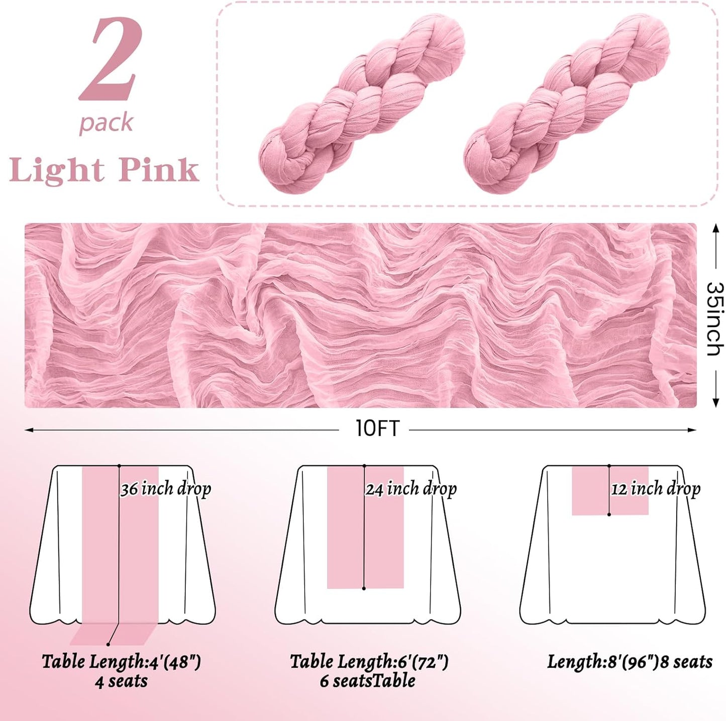 2Pack Pink Table Runner 10FT Cheesecloth Table Runner 35x120Inch Long Boho Cheese Cloth Table Runners Rustic Gauze Table Runners for for Party Wedding Bridal Shower Baby Shower Decorations