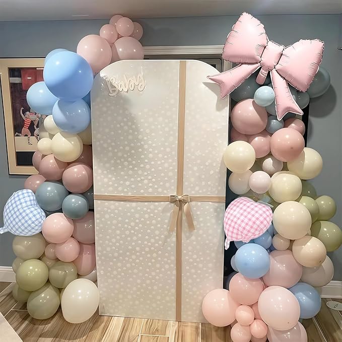 Silly Goose Balloon Arch with Checkered Heart Bow Foil Balloons, Pink Blue Sage Green Sand White Ivory Balloon Garland for Girls Boys First Birthday Baby In Bloom Baby Shower Flower Fairy Tea Decor