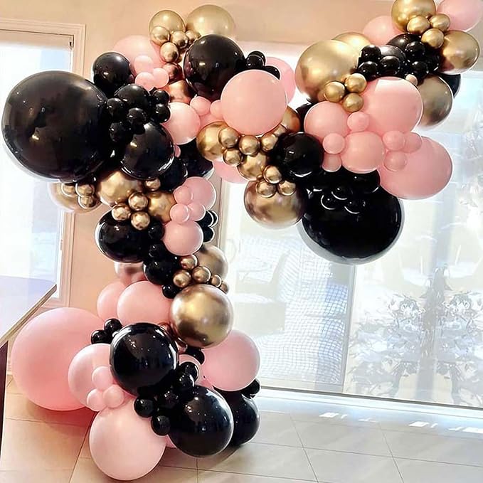 Black Pink and Gold Balloons Arch Kit, 134pcs 18/12/10/5inch Black Pastel Pink Chorme Gold Balloons Garland for Princess Birthday Wedding Bridal Baby Shower Bachelorette Mother's Day Party Decorations