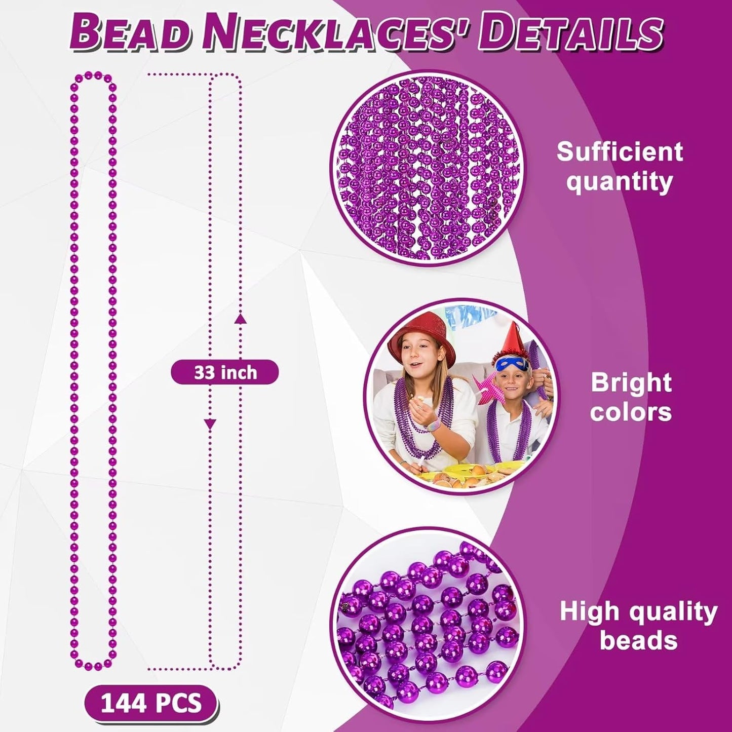 144PCS Mardi Gras Beads, Purple Bead Necklace Party Favors, 33" Beaded Necklace Costume Bulk, Festival Parade Throw Accessories for Halloween Mardi Gras Wedding Birthday Celebrations Decorations