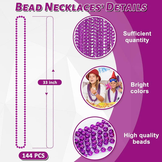 144PCS Mardi Gras Beads, Purple Bead Necklace Party Favors, 33" Beaded Necklace Costume Bulk, Festival Parade Throw Accessories for Halloween Mardi Gras Wedding Birthday Celebrations Decorations