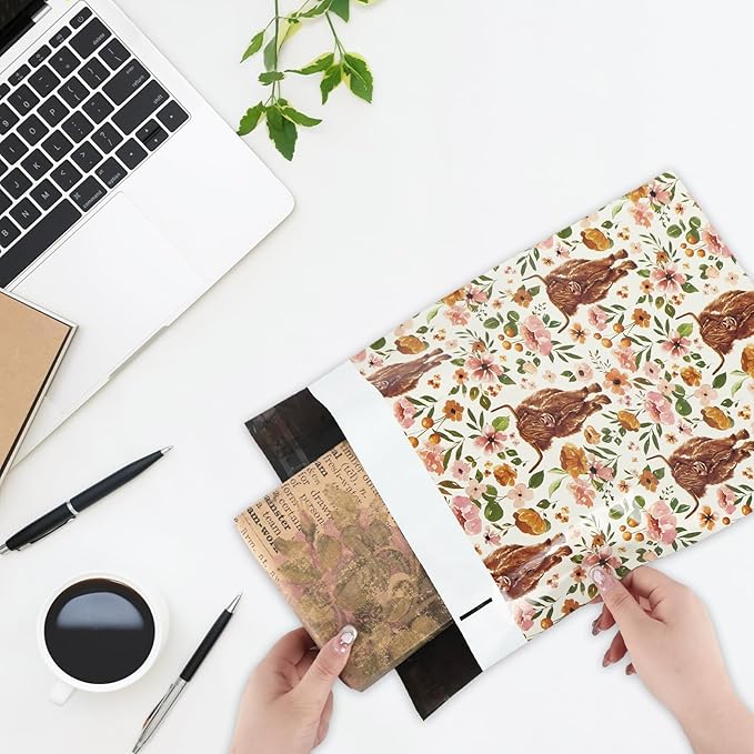 JarThenaAMCS 100Pcs Boho Floral Highland Cow Poly Mailers 10 x 13 Inch Watercolor Cow Flower Packaging Bags Rustic Self Seal Mailing Envelope Bags for Small Business Clothing Document Gifts