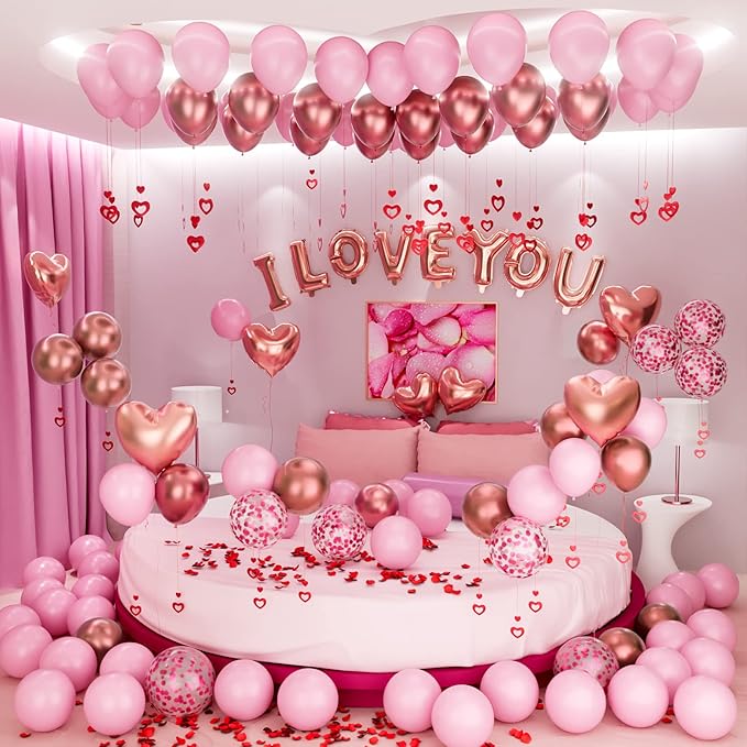 Bonropin Valentine's Day Balloons Kit with Rose Gold Pink Heart, I Love You Balloon, Rose Petals for Valentine, Anniversary, Wedding, Mother's Day, Romantic Special Night Decorations