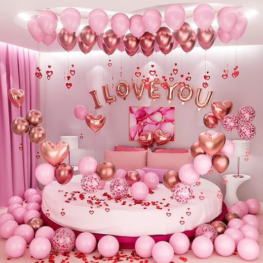 Bonropin Valentine's Day Balloons Kit with Rose Gold Pink Heart, I Love You Balloon, Rose Petals for Valentine, Anniversary, Wedding, Mother's Day, Romantic Special Night Decorations