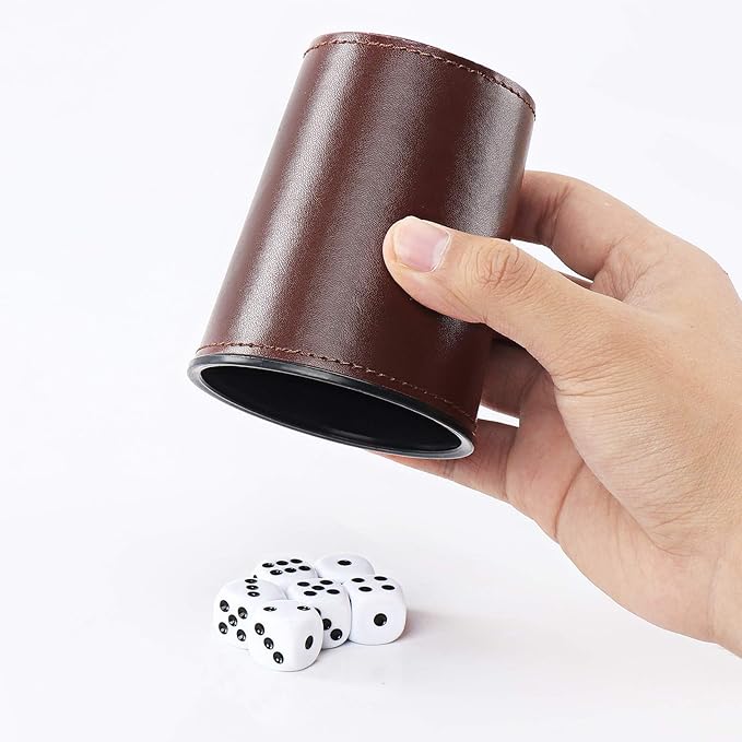 Leather Dice Cup Set, 5 Black Dice Cups + 25 Dices + Exclusive Storage and Transport Case Made of Faux Leather (10x Brown)
