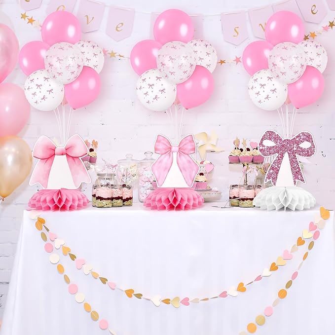 6 Set Pink Bow Birthday Decoration for Table Baby Girl Shower Decorations Pink Bow Balloon Table Centerpiece with Balloons Stand Kit Honeycomb Centerpiece for Girls Birthday Wedding Party Supply