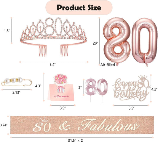 80th Birthday Gifts Decorations for Women, Including 80 year old Birthday Cake Topper, Queen Sash with Pearl Pin, Sweet Rhinestone Tiara Crown, Number Candles and Balloons Set, Rose Gold
