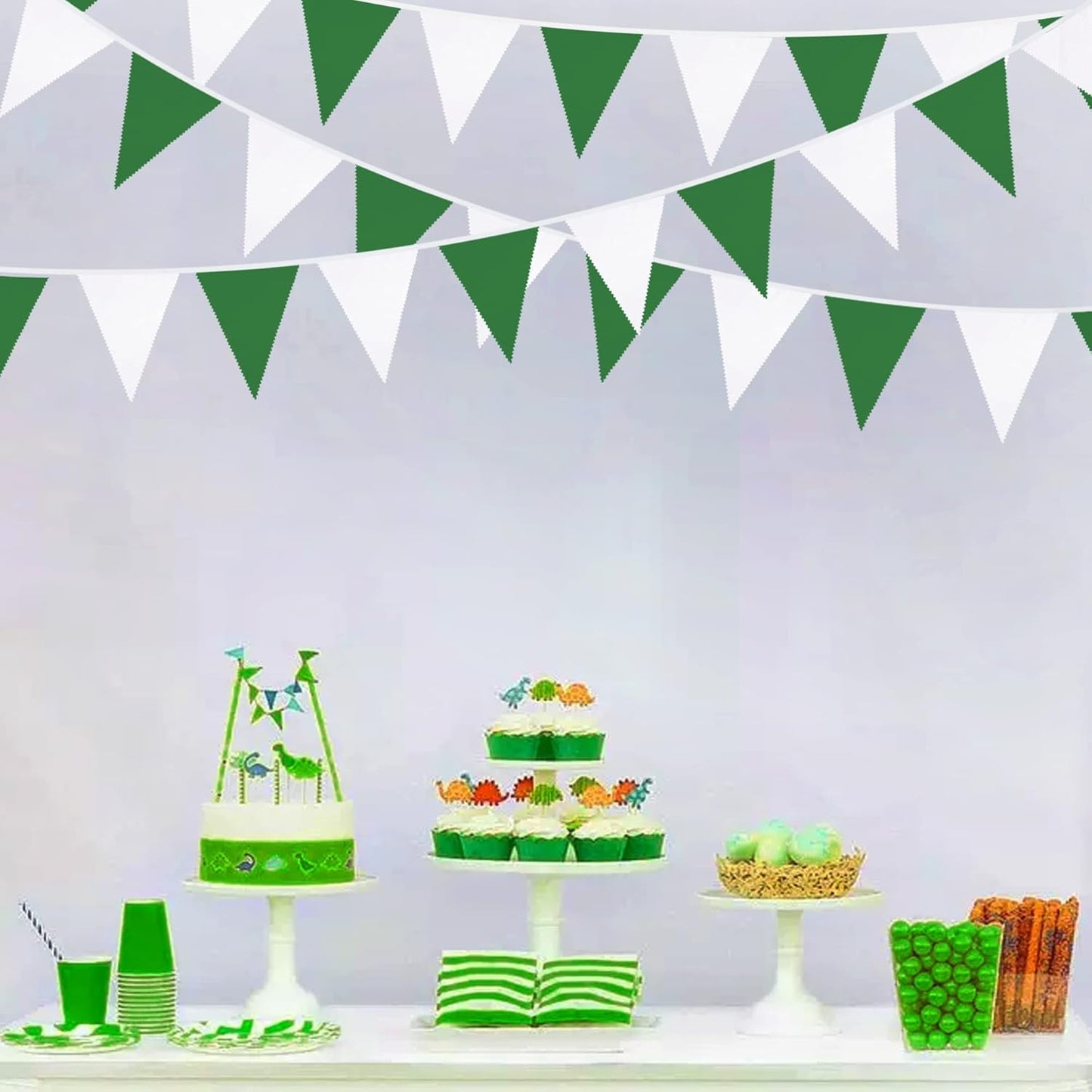 32Ft Green and White Banner Party Decorations Triangle Flag Fabric Banner Cotton Pennant Bunting Garland for Christmas Wedding Birthday Home Nursery Outdoor Garden Masters Golf Party Decoration