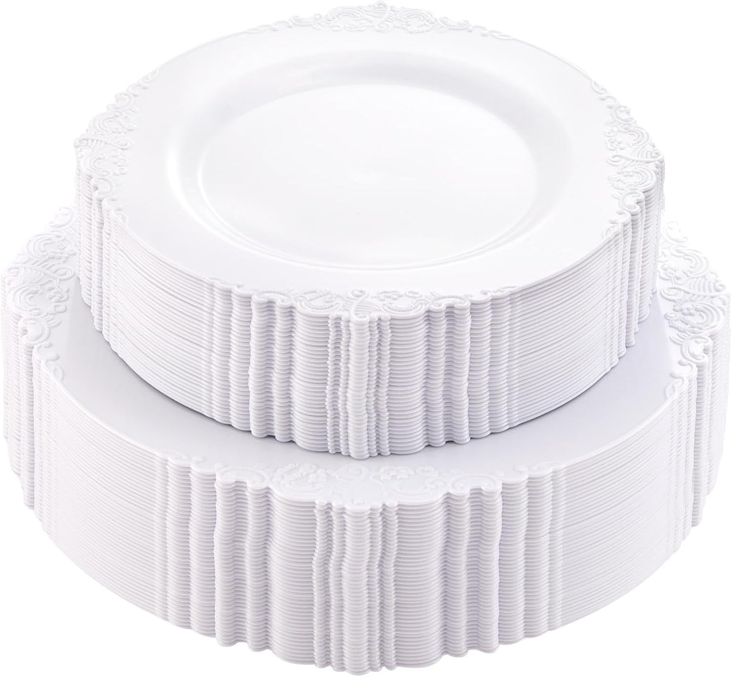 Morejoy 100PCS White Plastic Plates，White Disposable Plates，Include 50 Pieces 10.25 Inch Dinner Plates & 50Pieces 7.5 Inch Dessert Plates,Perfect for Weddings & Party