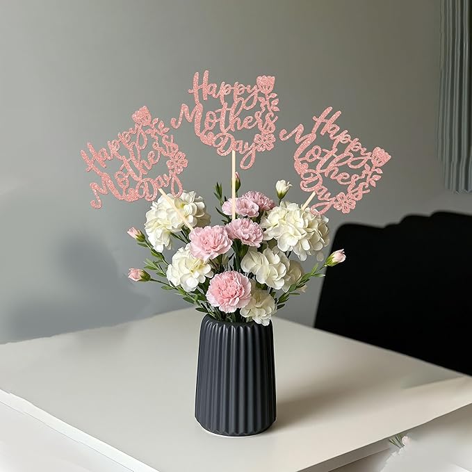 12 PCS Happy Mother's Day Centerpiece Sticks Double Sided Glitter Rose Love Best Mom Centerpieces for Happy Mother's Day Theme Table Flower Decorations Women Birthday Party Supplies Rose Gold