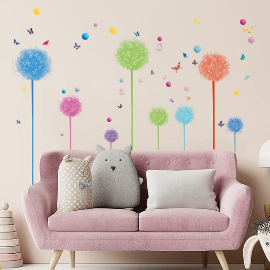 2 Set Dandelion Wildflower Wall Decals Art, Wall Art Stickers Peel and Stick Floral Butterflies Flying Decor for Girls Kids Women Baby Nursery Room Bedroom Bathroom Sofa Backdrop TV(Colorful)