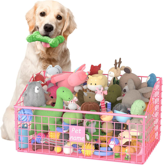 Indestructible Dog Toy basket, Large Toy Box for Dogs,Pet Toy Bin Dog Metal Basket for Toys, Toy Storage Organizer (Pink)