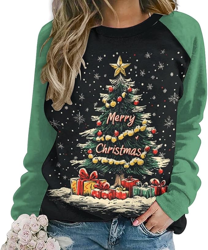 LOAIHA Christmas Sweatshirts for Women Christmas Tree Graphic Shirt Xmas Long Sleeve Merry Christmas Pullover Blouse