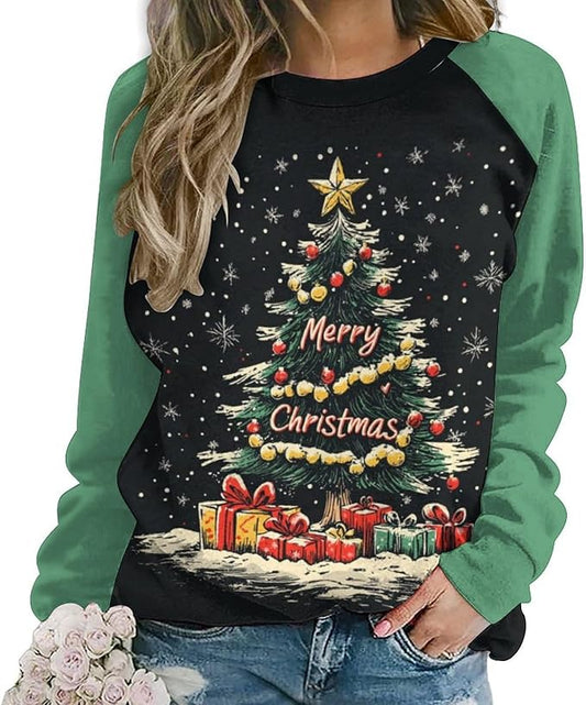 LOAIHA Christmas Sweatshirts for Women Christmas Tree Graphic Shirt Xmas Long Sleeve Merry Christmas Pullover Blouse