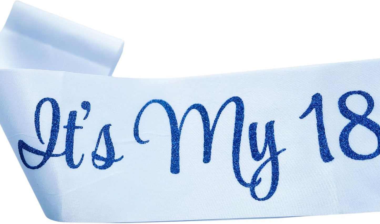 It's My 18th Birthday Sash, Birthday Sash for Women, Birthday Princess 18th Birthday Gifts Decorations for Happy 18th Birthday Party Favor Supplies,White Blue