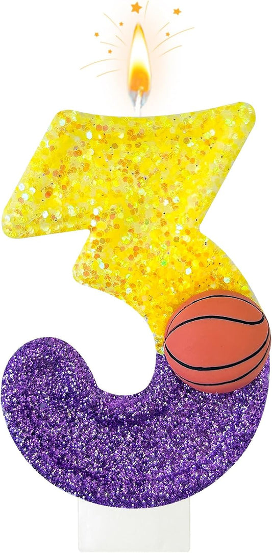 HXOUSE Basketball Number 3 Birthday Candles - Purple Gold Birthday Candles for Cake, 3 Candle for Basketball Theme Cake Topper, Boys Sport Party Decorations Gifts (No.3)