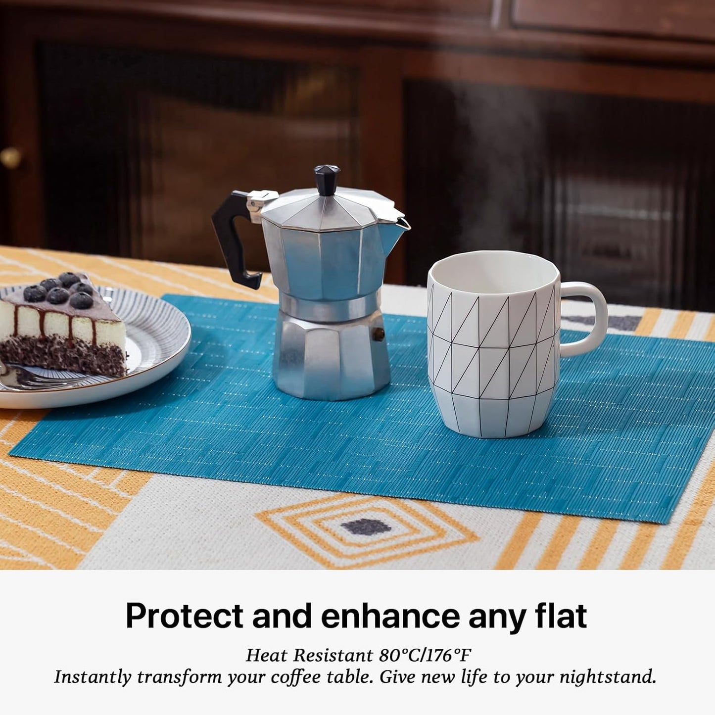 LEXMORE Placemats Set of 4 Vinyl/Plastic Woven Place Mats for Kitchen Table Indoor/Outdoor Washable Placemat Wipeable Dining Table Mats(Teal Blue)