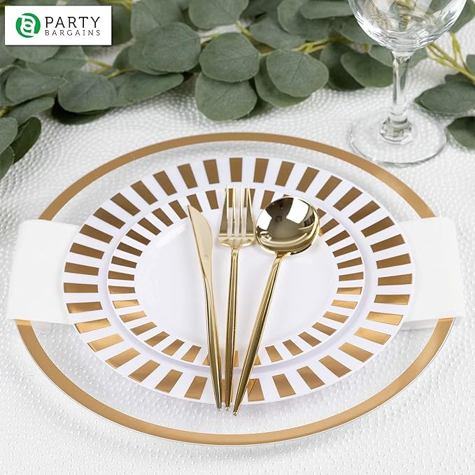 PARTY BARGAINS 13-Inch Charger Plates - 8 Pack, Clear Gold Rim, Heavy-Duty Disposable Chargers for Elegant Dining - Ideal for Weddings and Formal Events