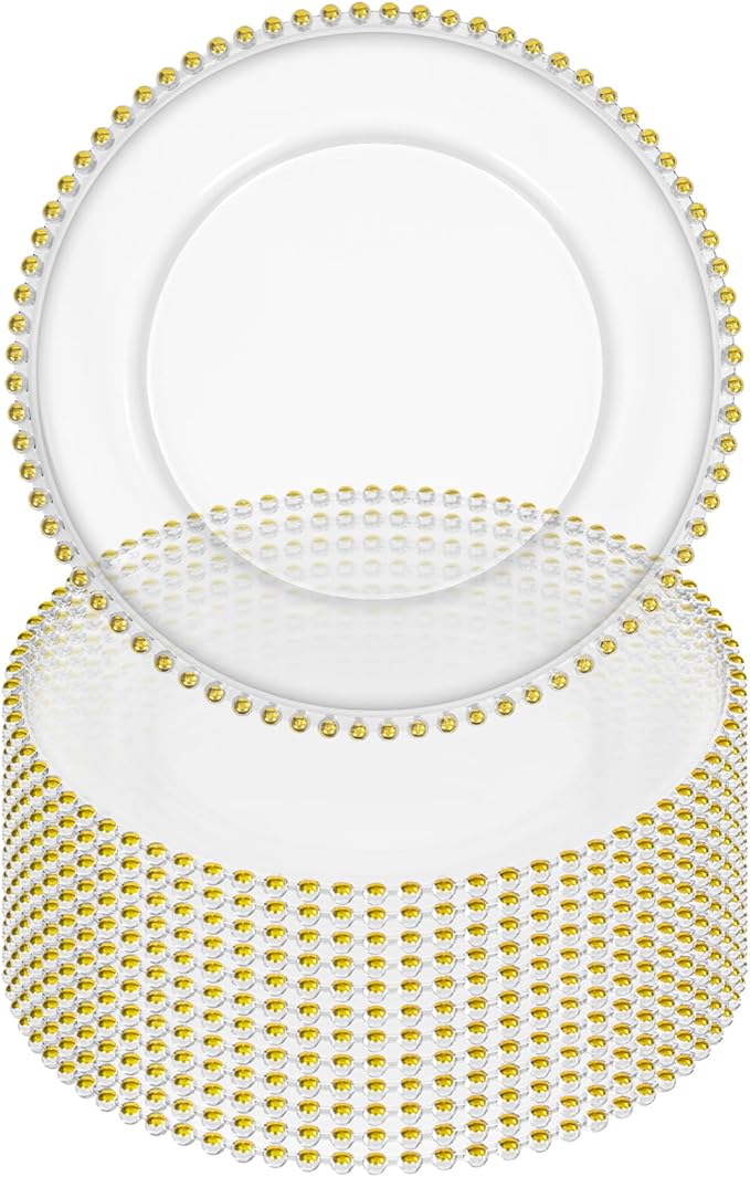 12 Pack Clear Charger Plates Bulk Wedding, 13 Inch Plastic Round Dinner Chargers with Gold Beaded Rim, Acrylic Round Decorative Plates for Wedding Party Home and Tabletop Decor (Gold)