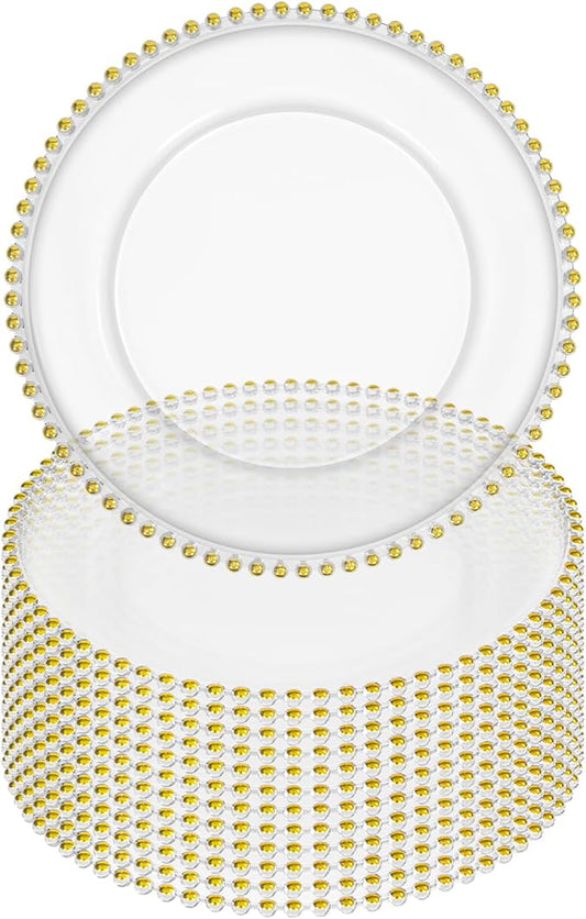 12 Pack Clear Charger Plates Bulk Wedding, 13 Inch Plastic Round Dinner Chargers with Gold Beaded Rim, Acrylic Round Decorative Plates for Wedding Party Home and Tabletop Decor (Gold)