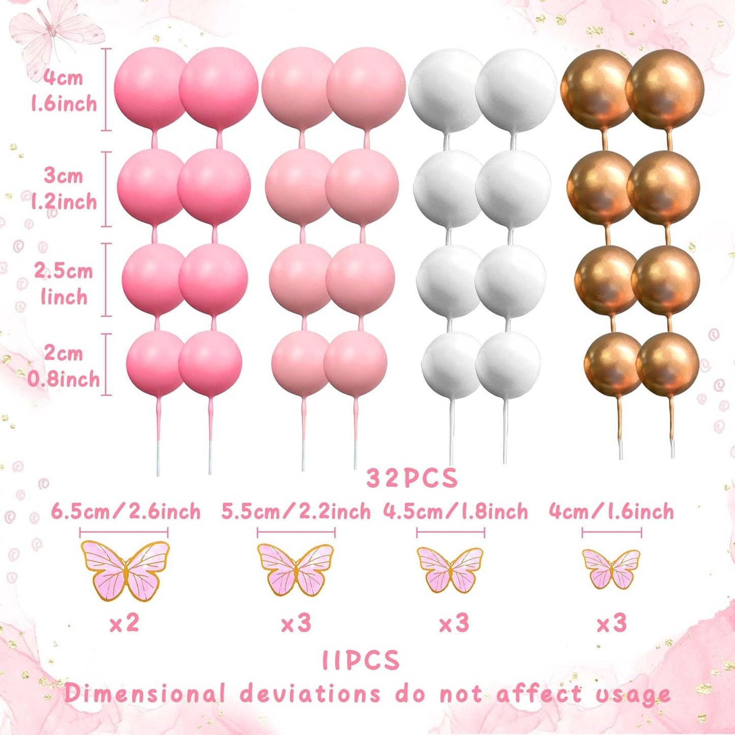 47PCS Pink Butterfly Cake Decorations With Purple Pink Gold Balls Cake Toppers for Baby Shower Wedding Birthday Bridal Shower Party Decor