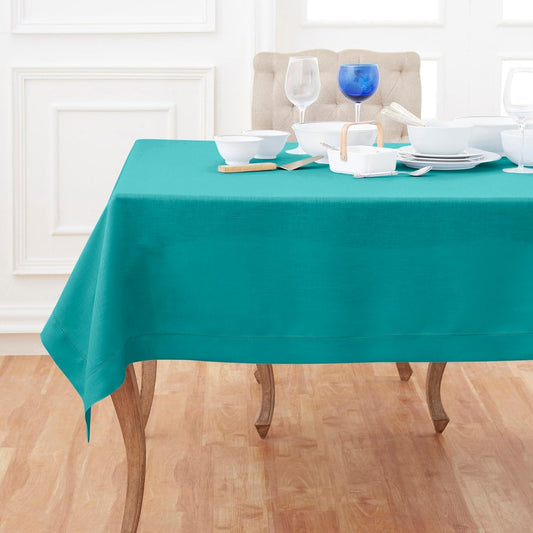 Solino Home Linen Tablecloth 54 x 72 Inch - Classic Hemstitch 100% Pure Linen Teal Table Cloth for Rectangle Tables - Machine Washable Tablecloth for Fall, Autumn