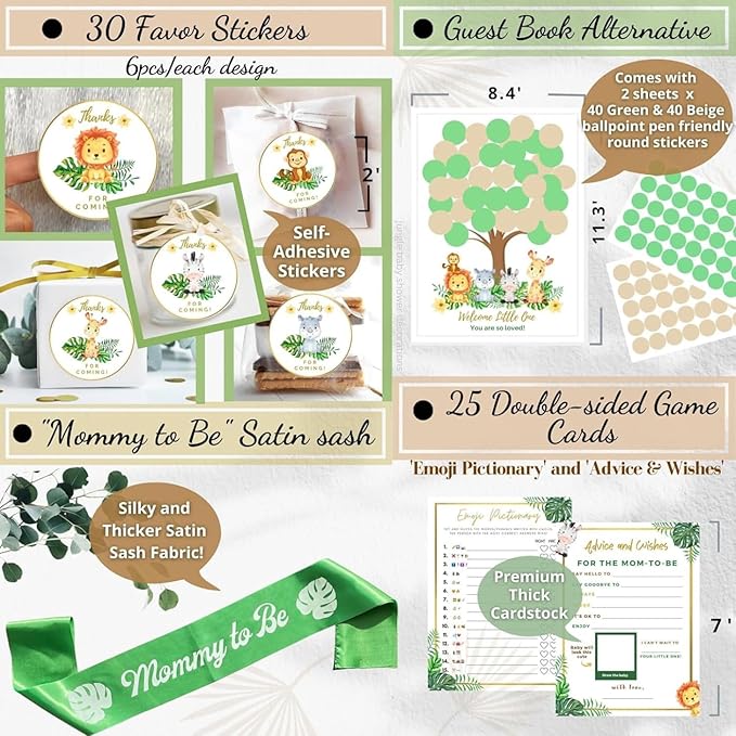 207 Pcs Safari Baby Shower Decorations for Boy Jungle Theme Baby Shower Decor - Banner, Animal Cutouts, Balloons, Paper Decorations, Guest Book, Leaves, Games, Sash