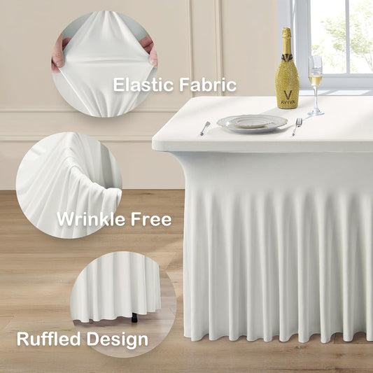 6pk Ivory Spandex Tablecloths 6ft for Rectangle Tables, Wrinkle Free Classy Table Skirt Stretchy Fitted Table Cloths Covers 6 Foot for Weddings Birthday Party Events Banquette Baby Shower