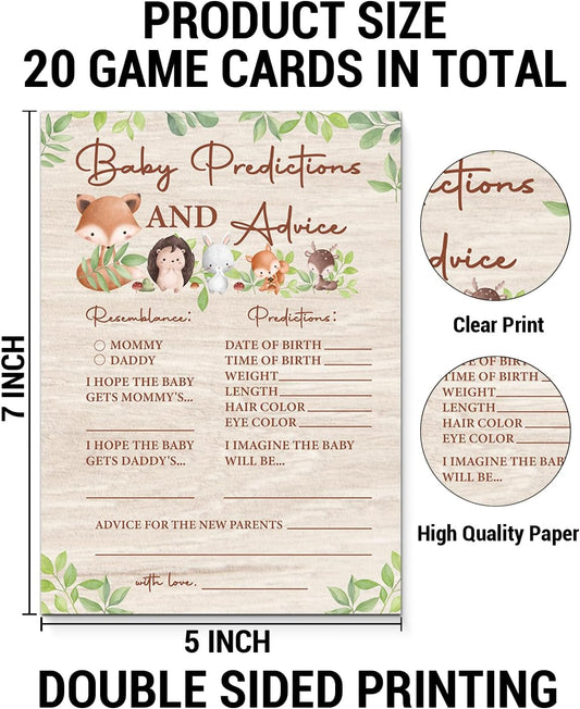 Baby Shower Predictions and Advice Cards for New Parents, Woodland Baby Shower Games, Set of 20 Cards, Forest Animals Theme, Gender Neutral Boy or Girl