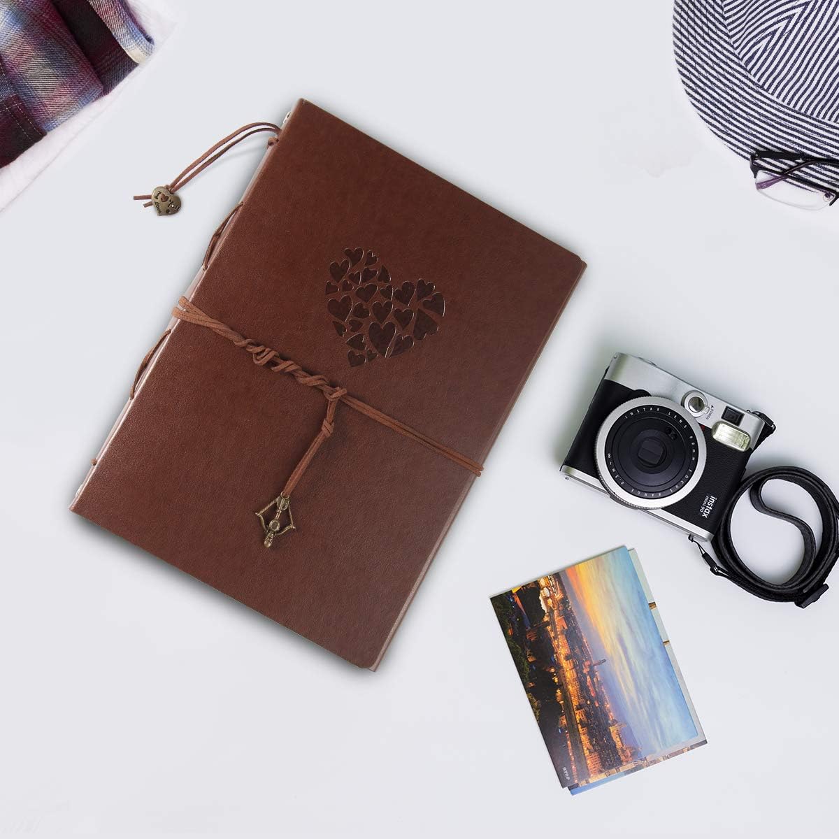 ThxMadam Scrapbook Album Leather Photo Album Vintage Wedding Guest Book DIY Memory Book with 60 Black Pages Present for Christmas Valentines Anniversary Mother’s Day Birthday Gift for Mum Dad Friend