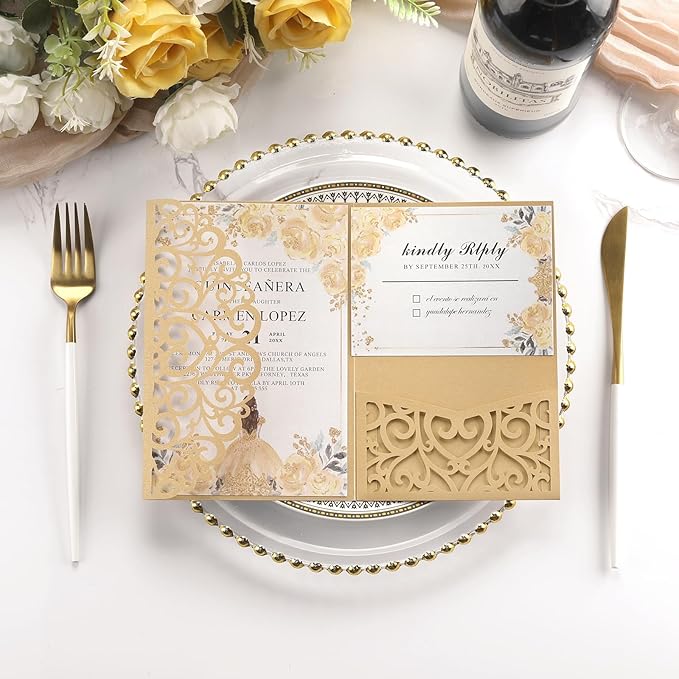 50PCS Gold Wedding Invitation, Bridal Shower Invitations Blank Personalized Wedding Rsvp Cards with Envelopes and Sticker, Pearl Paper Inserts Laser Cut Pocket for Festival Anniversary Housewarming