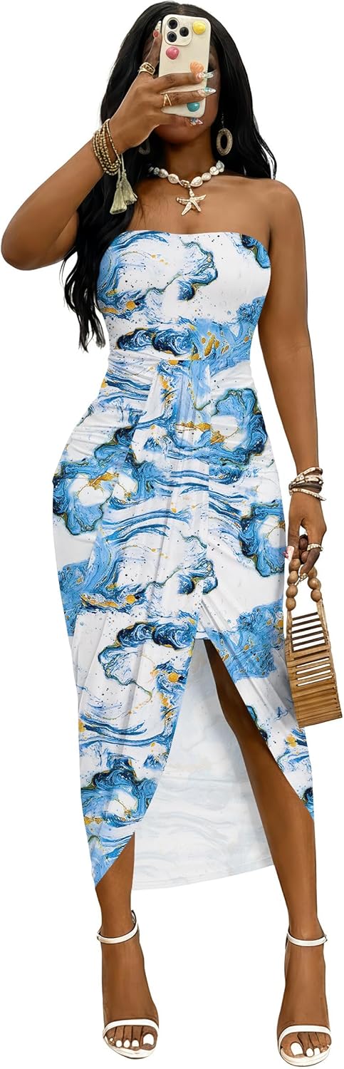 Umenlele Women's Strapless Ruched High Waist Wrap Split Asymmetrical Beach Maxi Long Dress